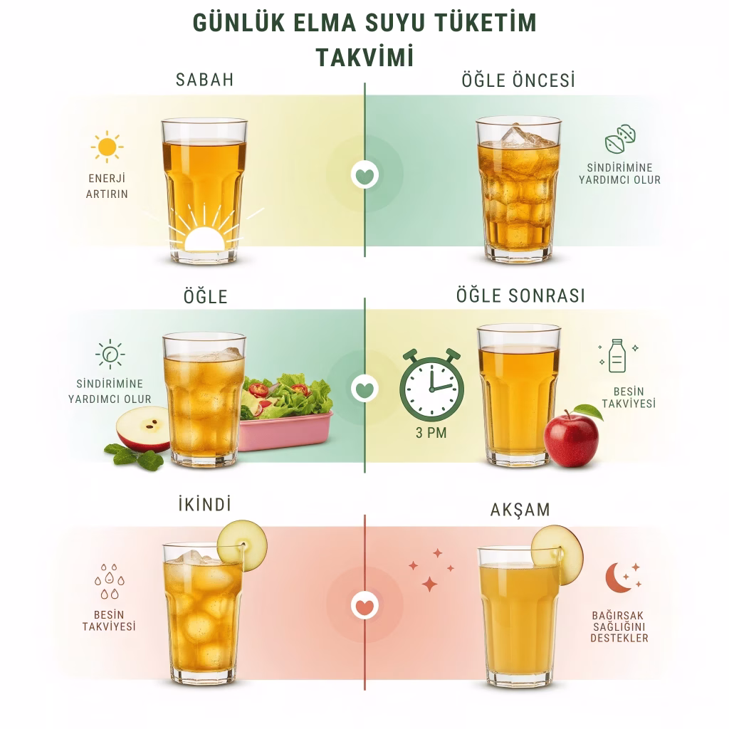 Elma suyu küründe günlük tüketim zamanlarını gösteren Türkçe infografik. Sabah, öğle ve akşam saatlerinde bardak içindeki elma suyu görselleriyle desteklenmiştir.